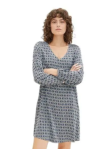 Produktbild: TOM TAILOR Damen Kleid aus Viskose mit V-Ausschnitt, blue brown geometrics print, 42