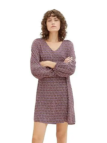 Produktbild: TOM TAILOR Damen Kleid aus Viskose mit V-Ausschnitt, brown geometrics print, 42