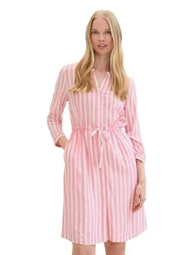Produktbild: TOM TAILOR Damen Kleid mit Streifen & Bindegürtel, pink offwhite stripe, 42