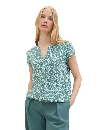 Produktbild: TOM TAILOR Damen Kurzarm-Bluse mit Muster , green abstract leaf print, 44