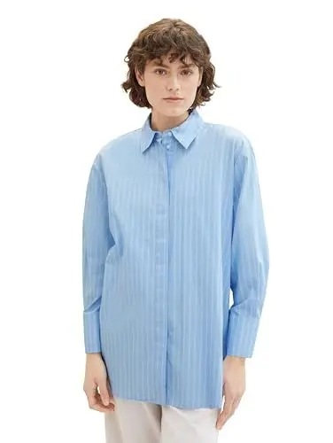 Produktbild: TOM TAILOR Damen Oversized Fit Bluse mit Streifen, 34842 - Blue Wording Stripe, 36