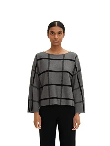 Produktbild: TOM TAILOR Damen Oversized Pullover mit Karomuster 1034053, 30942 - Grey Knit Check Design, M