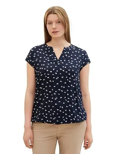 Produktbild: TOM TAILOR Damen Plussize Kurzarm-Bluse mit Muster , navy minimal print, 44