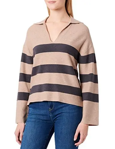 Produktbild: TOM TAILOR Damen Pullover mit Polokragen 1032599, 30189 - Beige Large Knit Stripe, XL