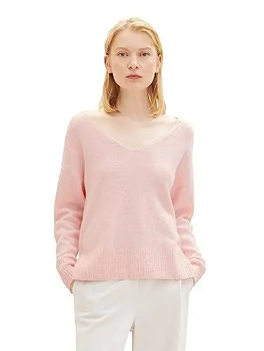 Produktbild: TOM TAILOR Denim Damen 1038392 Basic Pullover mit V-Ausschnitt, 32541-light English Rose Melange, L