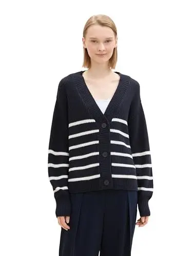 Produktbild: TOM TAILOR Denim Damen 1043311 Basic Strickjacke mit Knöpfen, 36394-Placed Navy White Stripe, M
