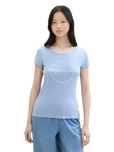 Produktbild: TOM TAILOR Denim Damen Basic T-Shirt mit Logo-Print, dusty cornflower, L