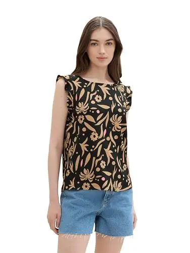 Produktbild: TOM TAILOR Denim Damen Basic Top mit kurzen Volantärmeln, black tropical print, XL