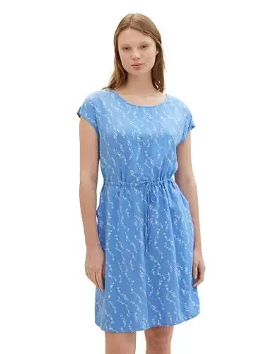 Produktbild: TOM TAILOR Denim Damen Basic Viskose Kleid mit Taschen, light blue white print, XL