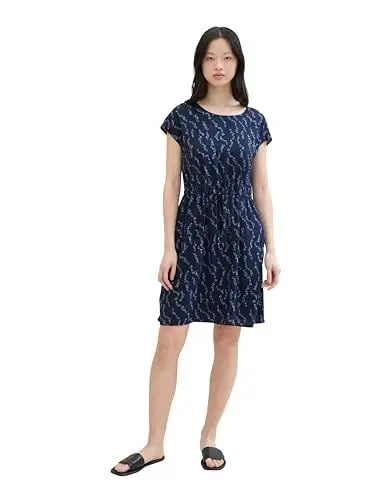 Produktbild: TOM TAILOR Denim Damen Basic Viskose Kleid mit Taschen, navy blue heart print, L