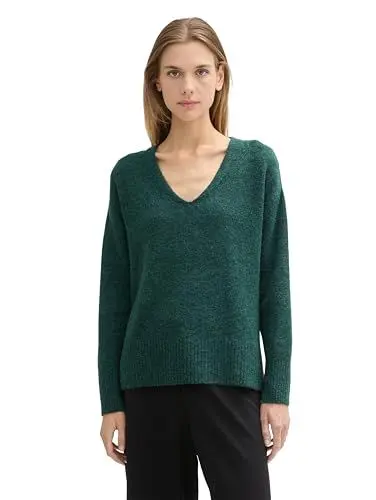 Produktbild: TOM TAILOR Denim Damen Cosy Strickpullover mit V-Ausschnitt, 10592 - Midnight Forest Green Mélange, L