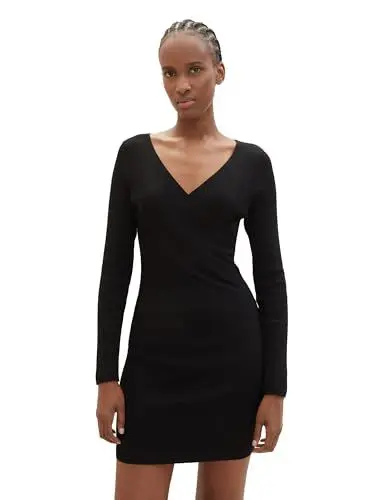 Produktbild: TOM TAILOR Denim Damen Kleid mit Wickel-Detail & Rippstruktur , deep black, S