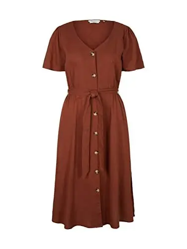 Produktbild: TOM TAILOR Denim Damen Leinenkleid mit Gürtel 1031873, 29566 - Nut Brown, S