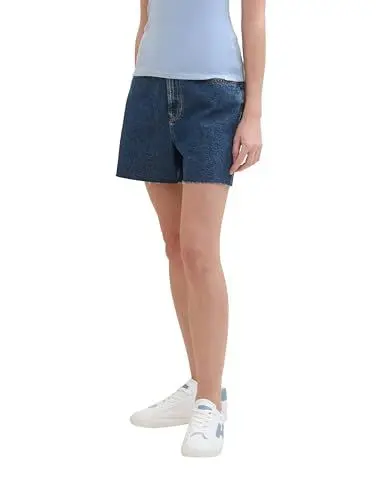 Produktbild: TOM TAILOR Denim Damen Mom High Waist Jeans Shorts , Used Dark Stone Blue Denim, XL