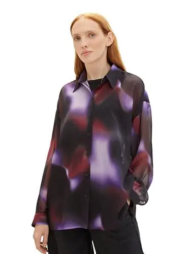 Produktbild: TOM TAILOR Denim Damen Oversized Fit Chiffon Bluse mit Muster , black abstract print, XL