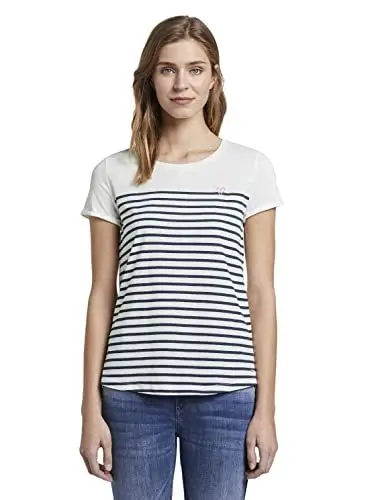 Produktbild: TOM TAILOR Denim Damen Streifen T-Shirt mit Herz-Stickerei auf der Brust