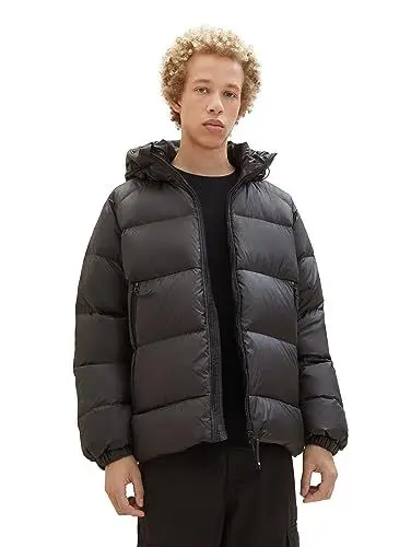 Produktbild: TOM TAILOR Denim Herren 1037392 Relaxed Fit Recycled Down Puffer-Jacke mit Kapuze, 29999-Black, S
