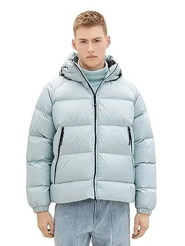 Produktbild: TOM TAILOR Denim Herren 1037392 Relaxed Fit Recycled Down Puffer-Jacke mit Kapuze, 30463-dusty Mint Blue, XL
