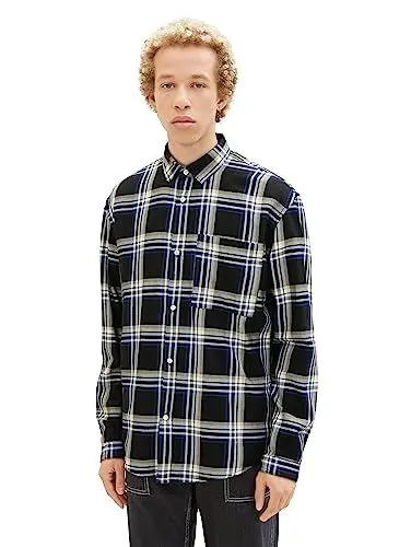Produktbild: TOM TAILOR Denim Herren 1037458 Relaxed Fit Karo-Hemd aus Baumwolle mit Brusttasche, 32332-black Blue Check, S
