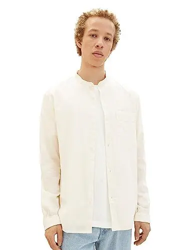 Produktbild: TOM TAILOR Denim Herren 1037459 Relaxed Fit Hemd aus Baumwolle mit Stehkragen, 12906-Wool White, L