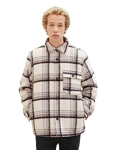 Produktbild: TOM TAILOR Denim Herren 1037494 Cosy Flanell Overshirt Karo-Jacke, 32683-creme Grey Black Check, XXL