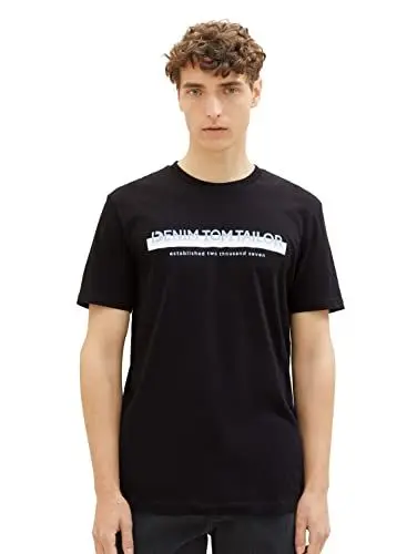 Produktbild: TOM TAILOR Denim Herren Slim Fit T-Shirt mit Logo-Print aus Baumwolle, Black, L