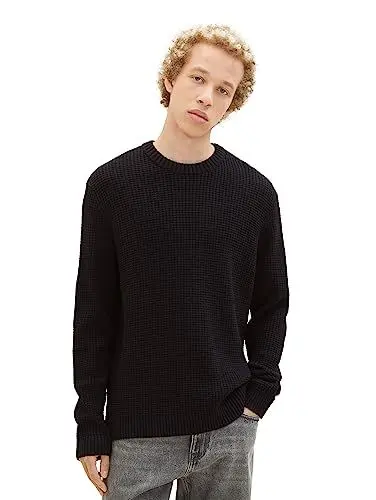Produktbild: TOM TAILOR Denim Herren 1038268 Crew-Neck Strick-Pullover mit Struktur, 29999-Black, L