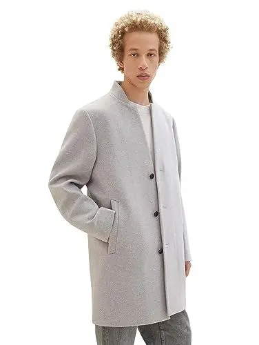 Produktbild: TOM TAILOR Denim Herren 1038861 3-Knopf Wollmantel mit Stehkragen, 15398-Light Stone Grey Melange, L