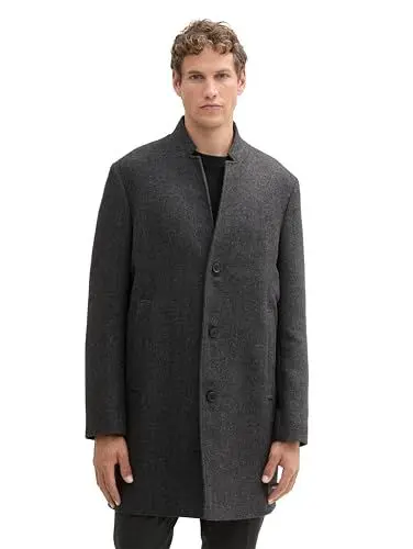 Produktbild: TOM TAILOR Denim Herren 1042405 3-Knopf Wollmantel mit Stehkragen, 32525-Grey Big Herringbone Optic, M