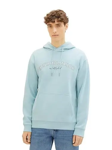 Produktbild: TOM TAILOR Denim Herren Hoodie Sweatshirt mit Logo-Print, dusty mint blue, XXL