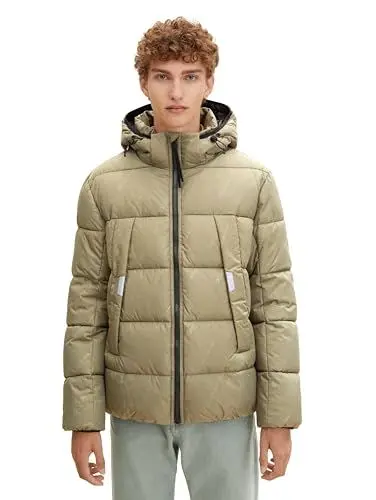 Produktbild: TOM TAILOR Denim Herren Puffer Jacke mit abnehmbarer Kapuze 1032429, 30503 - Dusty Olive Wording Design, XL