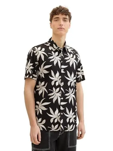 Produktbild: TOM TAILOR Denim Herren Regular Fit Sommer-Hemd mit Muster, black summer leaf print, L