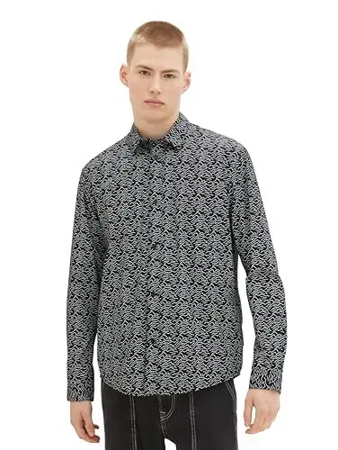 Produktbild: TOM TAILOR Denim Herren Relaxed Fit Hemd mit abstrakten Mustern, black mountain lines print, M