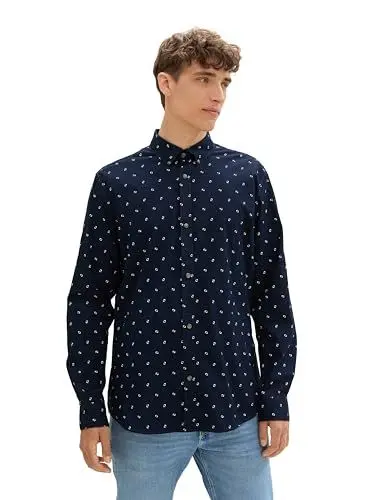 Produktbild: TOM TAILOR Denim Herren Slim Fit Hemd mit Muster, 36101 - Navy Mini Geometric Print, XXL