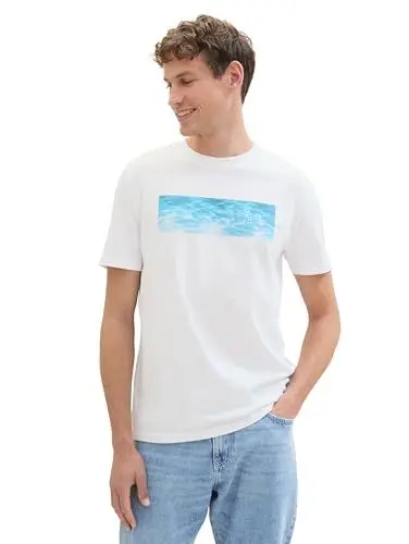 Produktbild: TOM TAILOR Denim Herren T-Shirt mit Fotoprint aus Baumwolle, White, L
