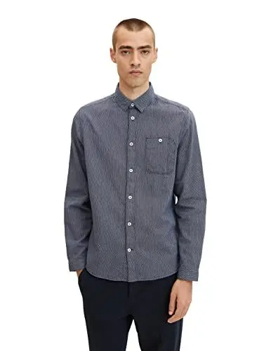 Produktbild: TOM TAILOR Herren 1032342 Regular Fit Hemd Mit Bio-Baumwolle, 30158 - Navy White Structure, L EU