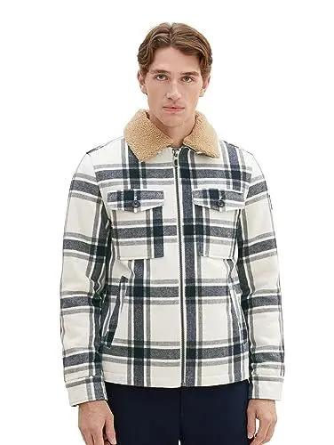 Produktbild: TOM TAILOR Herren 1037338 Karo Jacke in Woll-Optik mit Teddy-Kragen, 32517-beige Wool Check, XXL