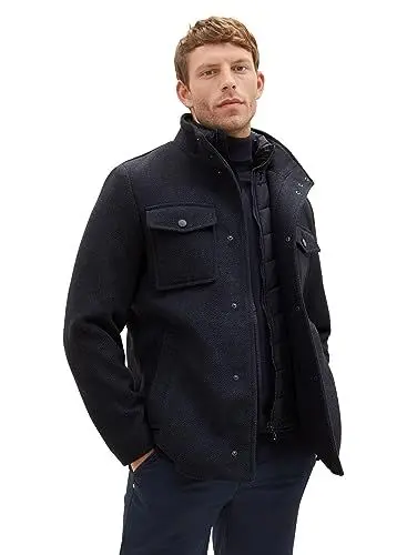 Produktbild: TOM TAILOR Herren 1037345 2-in-1 Wollmantel mit integrierter Innenjacke, 24258-navy Blue Structure, XXL