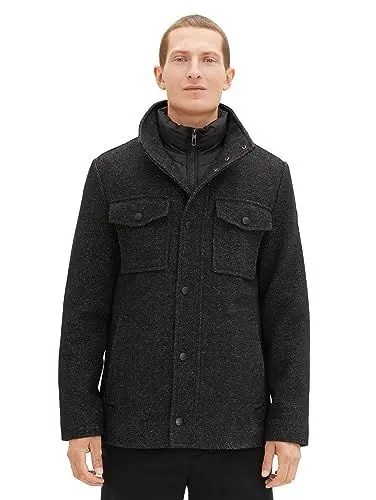 Produktbild: TOM TAILOR Herren 1037345 2-in-1 Wollmantel mit integrierter Innenjacke, 32521-snow Wool Structure, XL