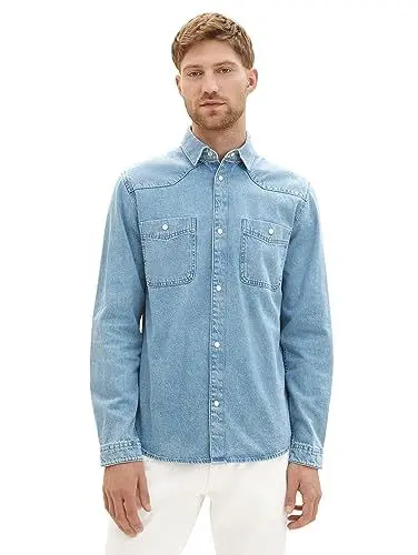 Produktbild: TOM TAILOR Herren 1037444 Jeanshemd aus Baumwolle mit aufgesetzten Brusttaschen, 10113-Clean Mid Stone Blue Denim, M