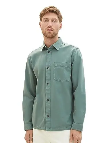 Produktbild: TOM TAILOR Herren 1037452 Overshirt Hemd aus Twill mit Brusttasche, 19643-green dust, XL