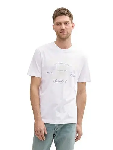 Produktbild: TOM TAILOR Herren 1037735 T-Shirt aus Baumwolle mit Logo-Print, 13308-White 1, L