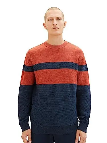 Produktbild: TOM TAILOR Herren 1038207 Colourblock Strick-Pullover aus Baumwolle, 32724-red Navy Multi Structure, XL