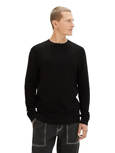 Produktbild: TOM TAILOR Herren 1038612 Basic Strickpullover aus Baumwolle, 29999-Black, S