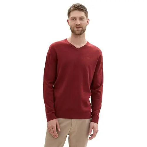 Produktbild: TOM TAILOR Herren 1039806 Basic Pullover mit V-Ausschnitt aus Baumwolle, 35676-Burgundy Dark Red Melange, Large