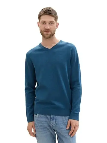 Produktbild: TOM TAILOR Herren Basic Pullover mit V-Ausschnitt aus Baumwolle,36295 - Dark Teal Melange, XXL
