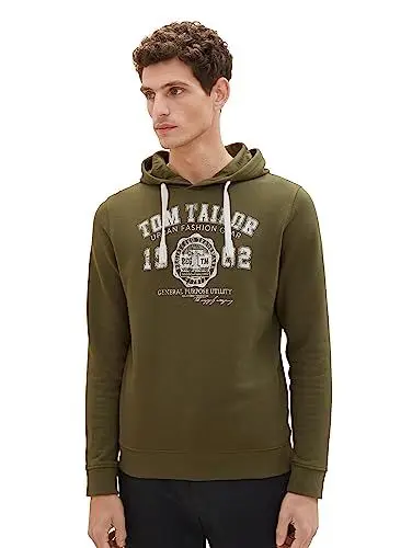 Produktbild: TOM TAILOR Herren 1039896 Basic Hoodie mit Logo-Print, 13050-Olive Night Green, L
