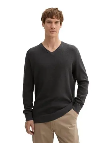 Produktbild: TOM TAILOR Herren 1044444 Basic Strickpullover mit V-Ausschnitt, 10617-Black Grey Melange, Large