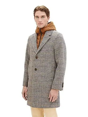 Produktbild: TOM TAILOR Herren 2-in-1 Karo Wollmantel mit abnehmbarer Innenjacke, beige brown wool check, L
