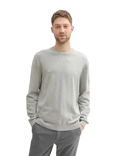 Produktbild: TOM TAILOR Herren Basic Crewneck Pullover aus Baumwolle, 36293 - Bright Stone Grey Melange, XL